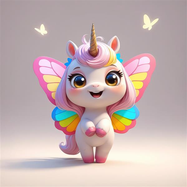 یونیکورن پری با بال‌های پروانه صورتی و رنگین‌کمان در حال لبخند شاد