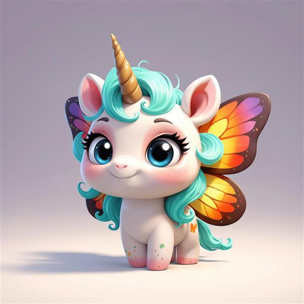 یونیکورن پری‌مانند با بال‌های پروانه‌ای رنگارنگ و یال فیروزه‌ای
