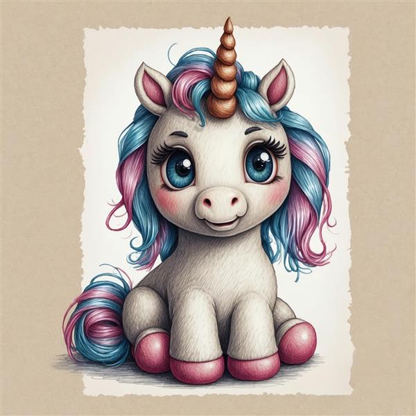 یونیکورن آبرنگی با کادر قدیمی و موهای صورتی و آبی برای طرح‌های وینتج