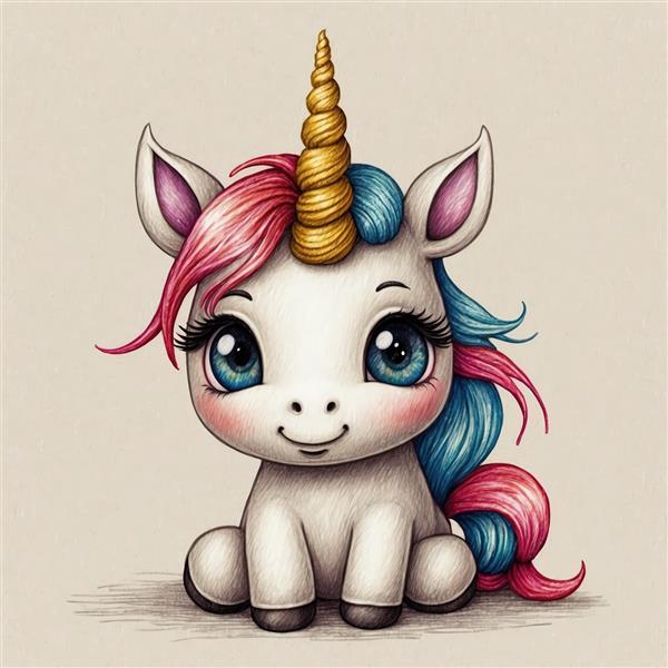 یونیکورن کارتونی با موهای صورتی و آبی و سبک طراحی آبرنگ ملایم
