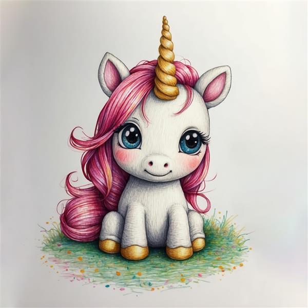 یونیکورن طراحی شده با موهای بلند صورتی بر روی زمینه چمن آبرنگی