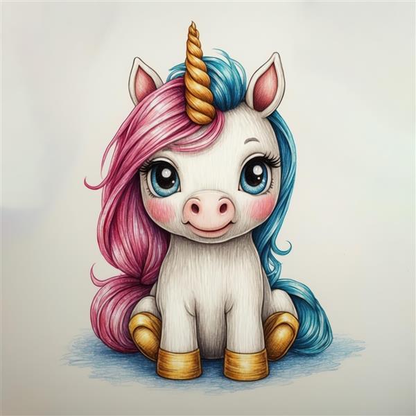 تصویر یونیکورن نقاشی آبرنگی با موهای صورتی و آبی برای تابلوی هنری