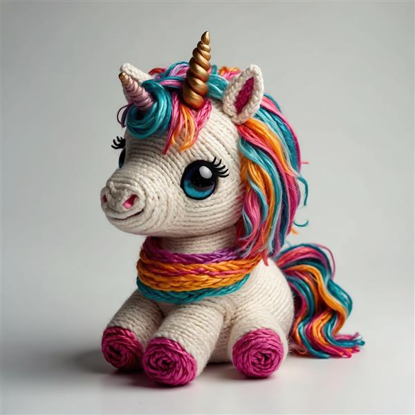 عروسک یونیکورن بافتنی با شال رنگین‌کمان و شاخ طلایی برای اتاق کودک