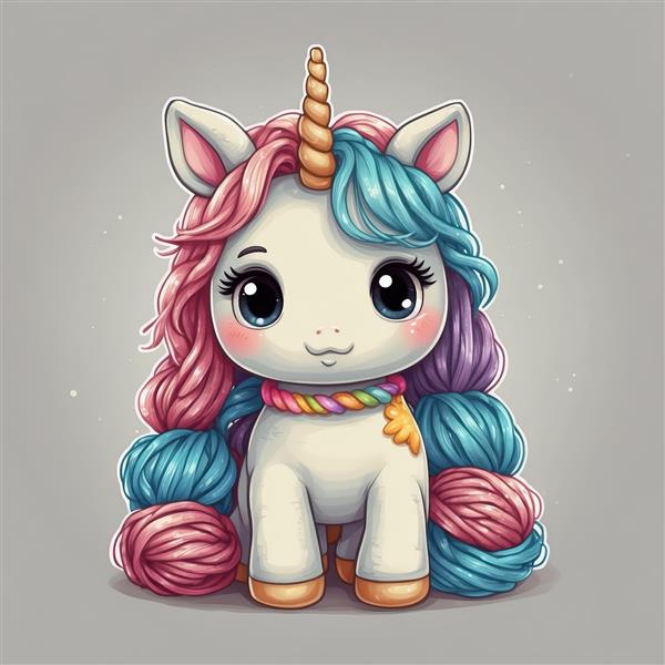 یونیکورن عروسکی با توپ‌های نخ پشمی صورتی و آبی برای دکور بافتنی