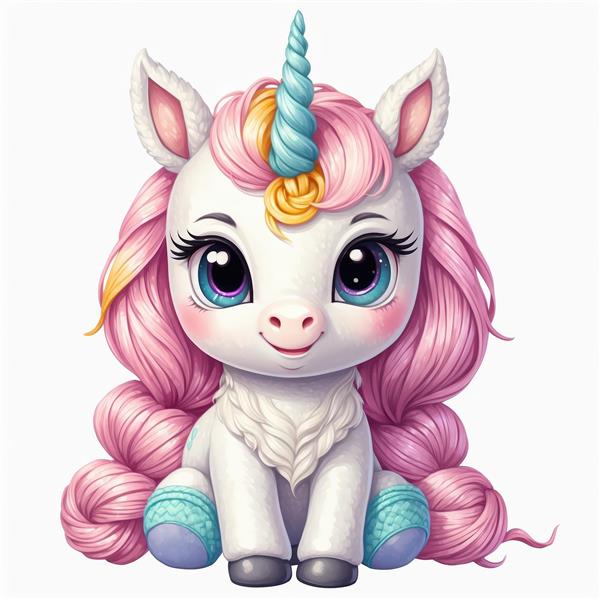 عروسک یونیکورن با موهای صورتی مواج و چکمه‌های بافتنی آبی برای طراحی