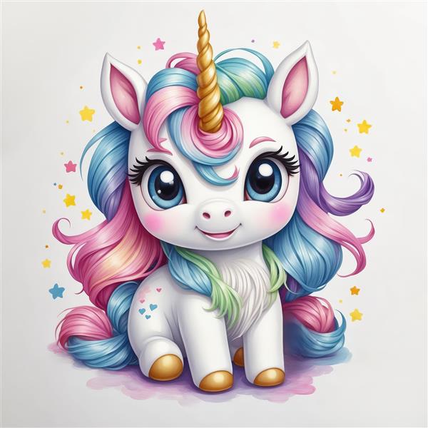 تصویر یونیکورن عروسکی با موهای بافته‌شده رنگین‌کمان و اکلیل‌های طلایی