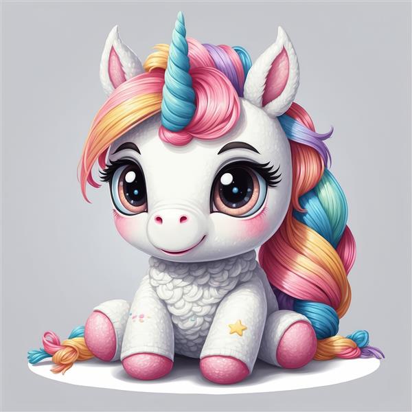 یونیکورن پشمالو با یال بافته شده رنگارنگ و چشم‌های قهوه‌ای جذاب