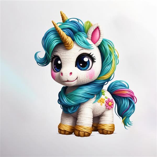 یونیکورن بافتنی با یال آبی و طرح گل فانتزی برای پوستر اتاق کودک