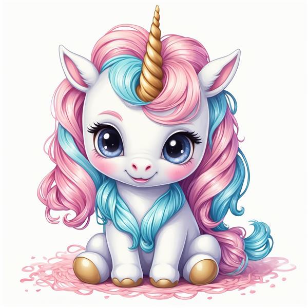 یونیکورن عروسکی صورتی و آبی پاستلی با شاخ طلایی براق و چشم‌های درخشان