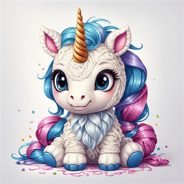 یونیکورن بافتنی با موهای آبی و صورتی و شاخ طلایی با پس‌زمینه سفید