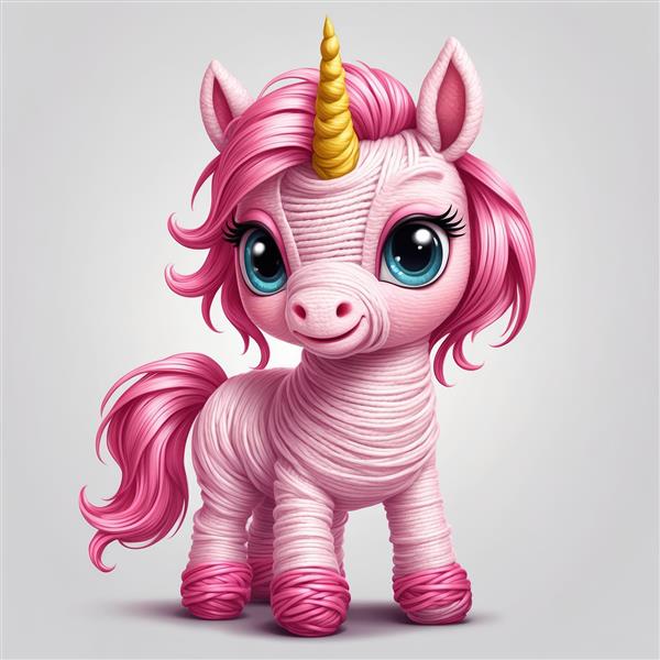 یونیکورن صورتی بافتنی با شاخ طلایی برای چاپ روی بوم و محصولات کودک