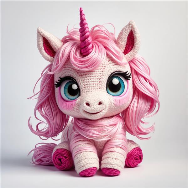 مجسمه یونیکورن بافتنی صورتی با چشمان درشت آبی و مدل موی پف‌دار