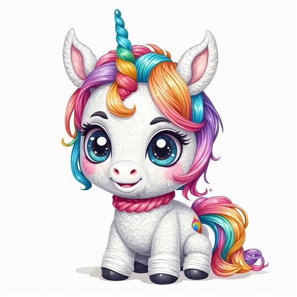 عروسک یونیکورن بافتنی با یال رنگین‌کمان و شاخ حلزونی رنگارنگ