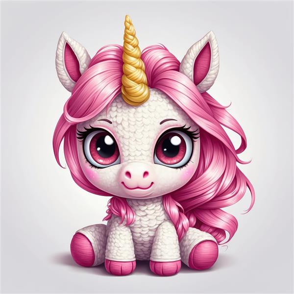 عروسک یونیکورن پشمالو با موهای بلند صورتی و شاخ طلایی برای دکور فانتزی