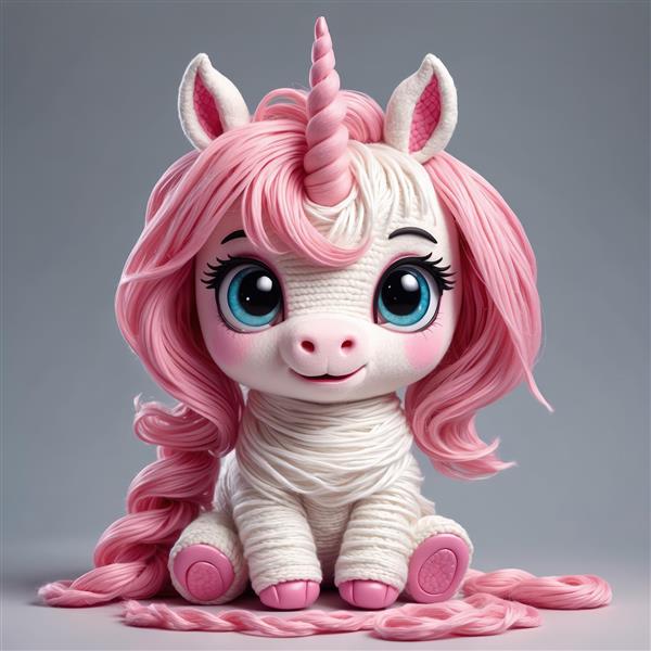 عروسک یونیکورن صورتی بافتنی با چشمان آبی درشت و طراحی پشمی زیبا