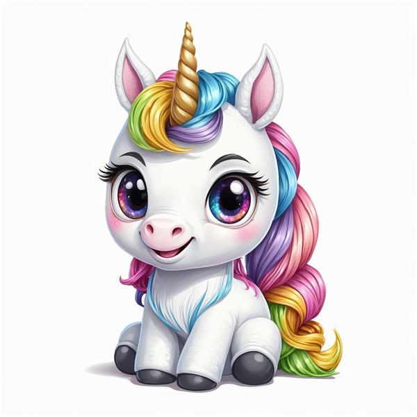 یونیکورن نشسته با موهای بلند رنگین‌کمان و چشم‌های براق برای محصولات چاپی