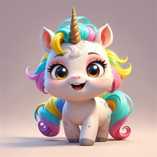 یونیکورن بامزه با یال و دم رنگارنگ و شاخ برجسته طلایی تصویر اورجینال