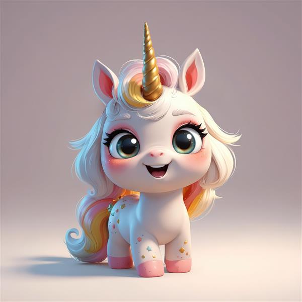 تصویر یونیکورن عروسکی ظریف با شاخ طلایی و پودر اکلیل برای تابلوی فانتزی