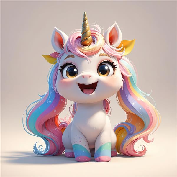 یونیکورن کارتونی خندان با موهای رنگین‌کمانی و چشمان درشت با کیفیت بالا