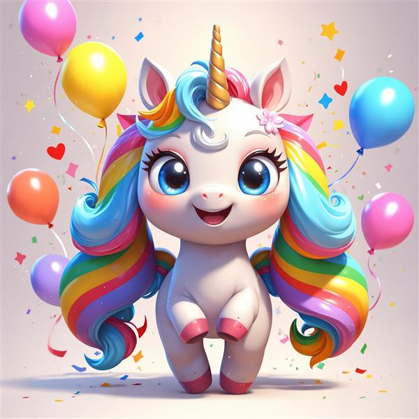یونیکورن کیوت جشن تولد با بادکنک‌های شاد و کنفتی برای چاپ دکوراتیو