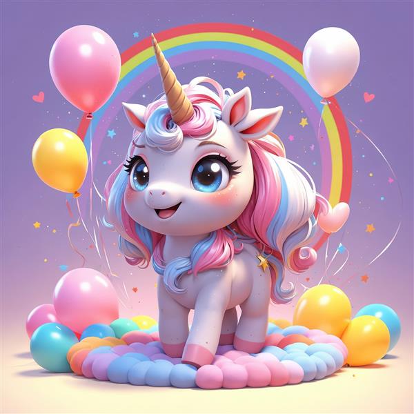 تصویر یونیکورن فانتزی و شاد با بادکنک و رنگین‌کمان برای پوستر دخترانه