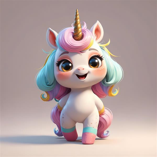 عروسک یونیکورن با موهای صورتی و آبی با شاخ طلایی تصویر استودیویی