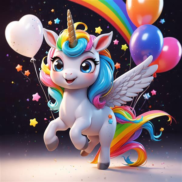 یونیکورن بالدار رنگین‌کمان در پس‌زمینه کهکشانی برای تابلوی اتاق کودک