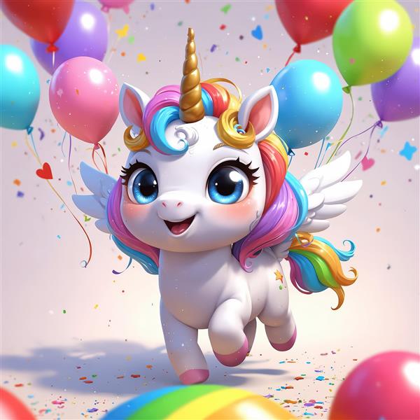 تک‌شاخ پگاسوس در حال دویدن با بادکنک‌های جشن، عکس اورجینال برای پوستر و دکوراسیون شاد