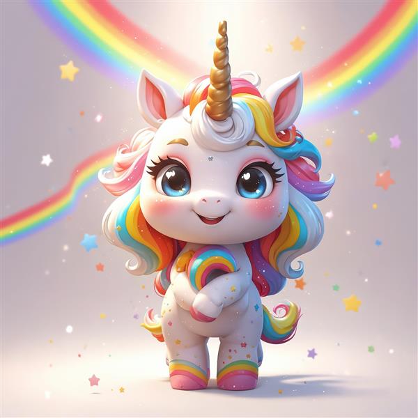 تک‌شاخ شاداب با آغوش باز و رنگین‌کمان، تصویر سه‌بعدی کودکانه برای چاپ عریض و بوم نقاشی