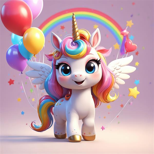تک‌شاخ پگاسوس جشن با بادکنک‌های رنگی، تصویر شاد و اورجینال برای تابلو دکوراتیو و جشن تولد