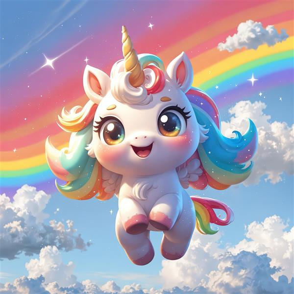 تک‌شاخ پگاسوس در حال پرواز بالای ابرها، عکس فانتزی با رنگین‌کمان و آسمان آبی برای پوستر