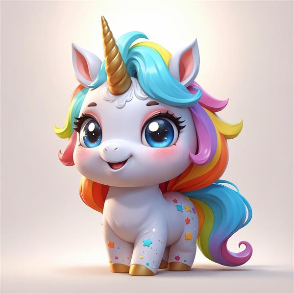 تک‌شاخ بامزه با ستاره‌های رنگی کوچک و شاخ طلایی، عکس اورجینال برای تولید تابلو و دکوراسیون