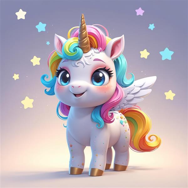 پگاسوس تک‌شاخ پرنده با بال و ستاره‌ها، تصویر سه‌بعدی شاد برای پوستر دیواری اتاق دخترانه