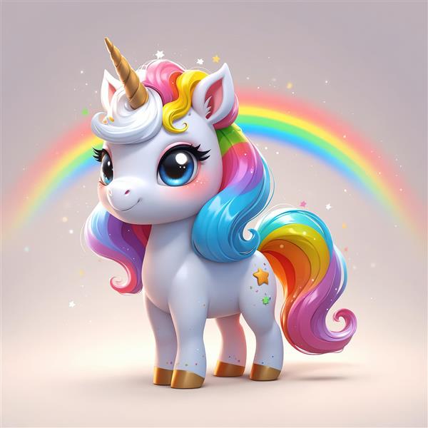 تک‌شاخ ایستاده با شاخ طلایی و رنگین‌کمان، تصویر باکیفیت برای چاپ روی بوم و محصولات کودک