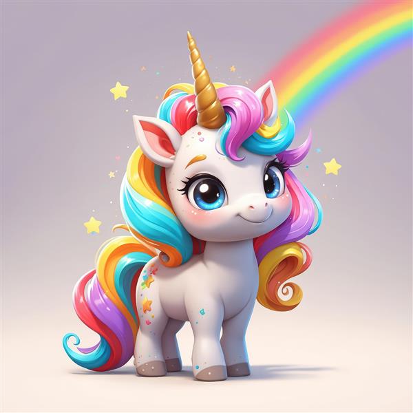 تک‌شاخ زیبا با پس‌زمینه رنگین‌کمان و ستاره‌ها، عکس اورجینال برای چاپ عریض و دکوراسیون اتاق دخترانه