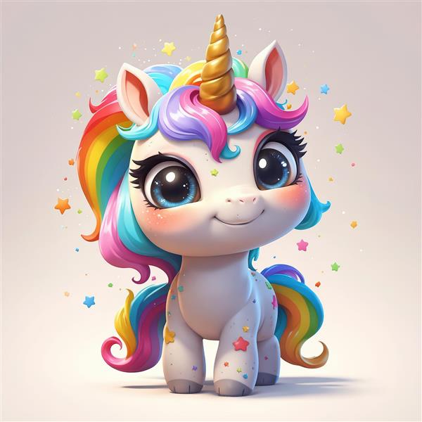 تک‌شاخ پر انرژی با ستاره‌های معلق و یال پرپشت، تصویر سه‌بعدی شاد برای پوستر دیواری کودکانه