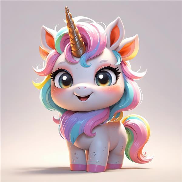 تک‌شاخ عروسکی با شاخ طلایی و موهای مجعد، پرتره فانتزی باکیفیت برای چاپ عریض و تابلو هنری