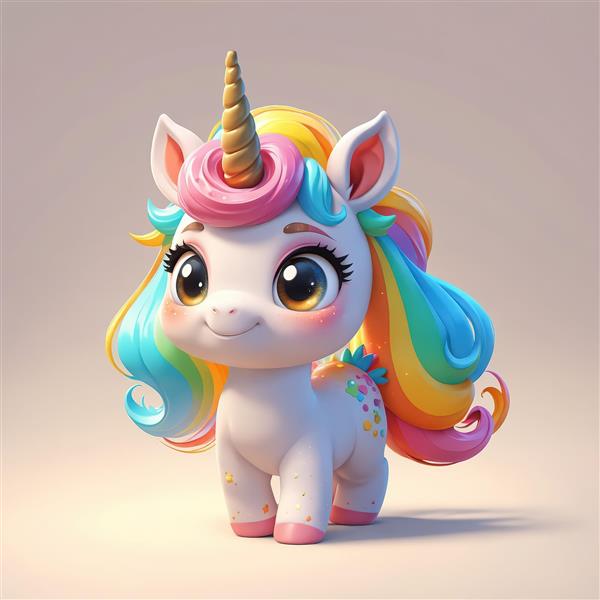 تک‌شاخ شیرین با یال رنگین‌کمانی و جزئیات گل کوچک، تصویر استودیویی اورجینال برای تولید محصول