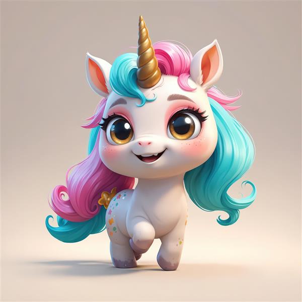 پونی تک‌شاخ بامزه در حال راه رفتن، با موهای دولایه صورتی و آبی، تصویر سه‌بعدی برای پوستر دیواری