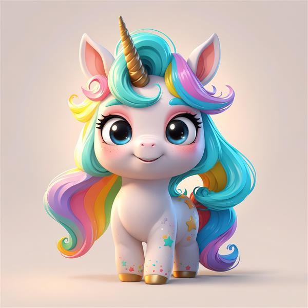 عروسک تک‌شاخ با موهای فانتزی و ستاره‌های رنگی، تصویر اورجینال برای چاپ عریض و محصولات دکوراتیو