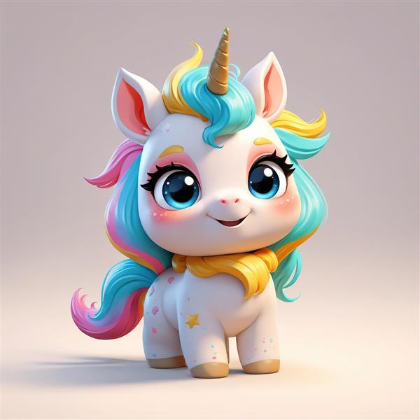 تک‌شاخ طلایی با شال گردن پفکی و یال رنگارنگ، عکس سه‌بعدی شاد برای پوستر مهدکودک و اتاق کودک