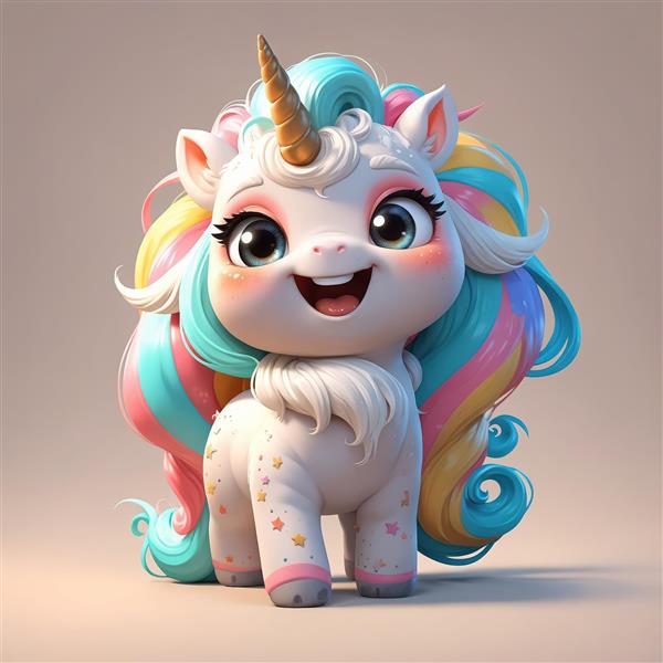 تک‌شاخ خوشحال با یال انبوه در پس‌زمینه روشن، پرتره کودکانه اورجینال برای چاپ تابلو