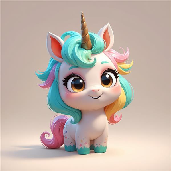 تک‌شاخ بامزه با چشم‌های درشت و یال فیروزه‌ای، تصویر پرتره باکیفیت برای محصولات چاپ عریض