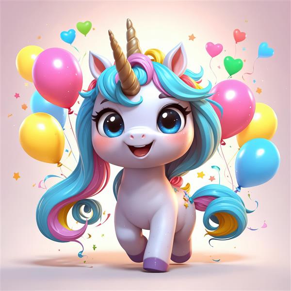 تک‌شاخ در حال دویدن وسط بادکنک‌های جشن، تصویر کودکانه فانتزی برای پوستر و دکور مهمانی