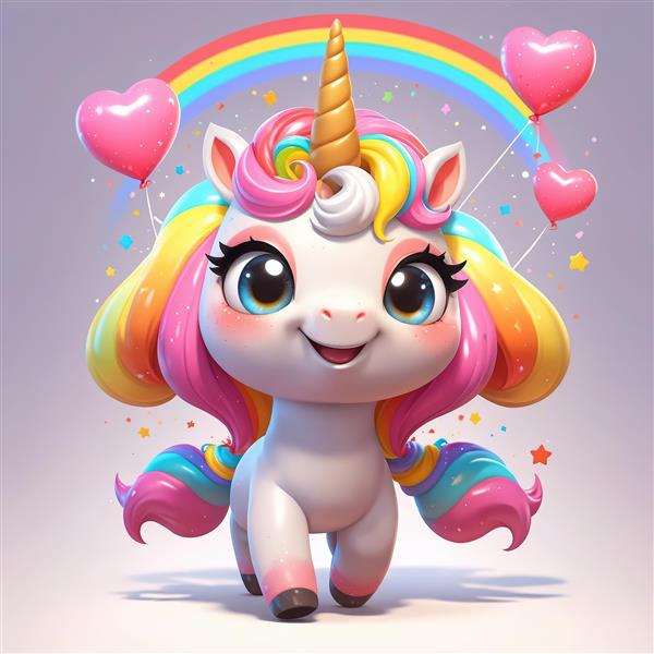 تک‌شاخ شاداب با بادکنک‌های قلبی و رنگین‌کمان، عکس پرتره فانتزی برای چاپ عریض و کادو ولنتاین