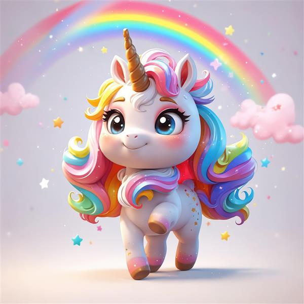 تک‌شاخ فانتزی در حال راه رفتن زیر رنگین‌کمان، تصویر باکیفیت اورجینال برای تابلو اتاق خواب دخترانه