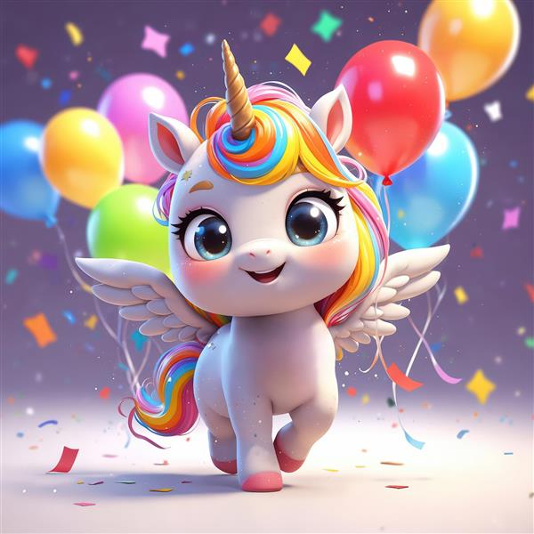 تک‌شاخ پگاسوس پرنده در جشن و باران کاغذی، تصویر کارتونی شاد با بادکنک برای پوستر مهدکودک