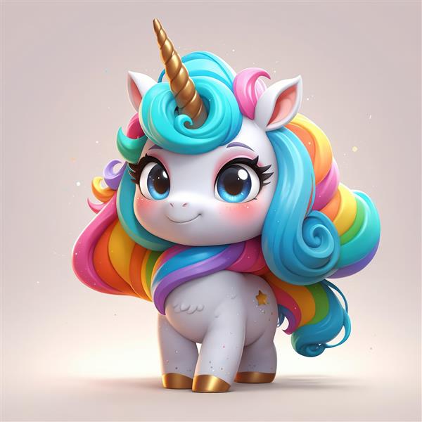 عروسک تک‌شاخ بامزه با یال رنگین‌کمان و شاخ طلایی، عکس اورجینال برای چاپ عریض و محصولات دکوراتیو