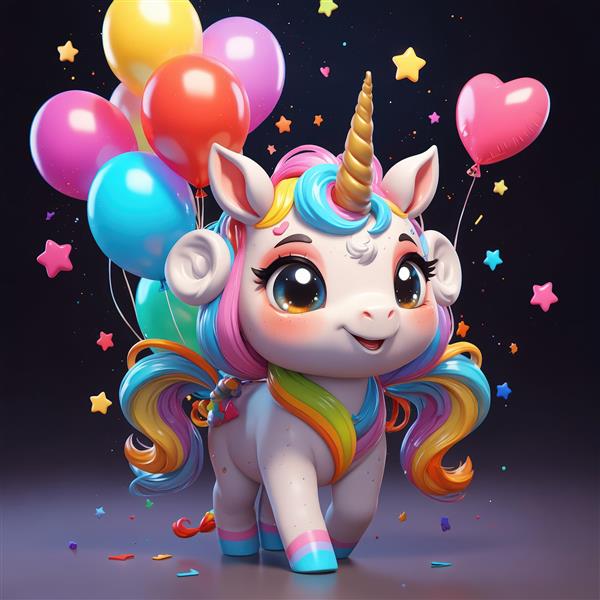 تک‌شاخ جشنی با دسته‌بادکنک‌های رنگی، تصویر سه بعدی باکیفیت برای پوستر جشن تولد کودک و دکوراسیون شاد