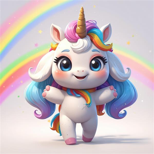 تک‌شاخ در حال بازی با دست‌های باز در زیر کمان رنگی، عکس باکیفیت مناسب برای چاپ روی بوم